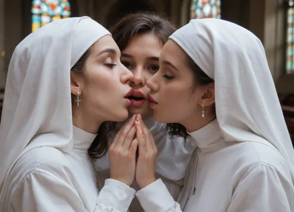 (group of nuns), in a church, (white nun costume:1.2), (lesbians), kissing