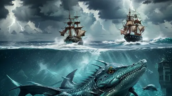 Seascape, ship on the high seas, storm, high waves, colored ink Mikhail Garmash, Louis Jover, Victor Cheleg, Damien Hirst, Ivan Aizovsky, Claude Joseph Vernet, broken glass effect, no background, amazing, something that doesn’t even exist, a terrible sea monster swims up to the ship, a strong storm, huge frothy waves, thunderclouds covered the entire sky, lightning flashes on the horizon, energy, molecular, textures, shimmering and luminescent colors, breathtaking beauty, pure perfection, divine presence, unforgettable, impressive, three-dimensional light, auras, rays, vibrant colors, Broken Glass effect, stunning, something that even doesn't exist, mythical being, iridescent and luminescent scales, Volumetric light, vivid colors reflects, sea, monster, undersea, boat, <lora:SeaMonster-v1.0:.5>