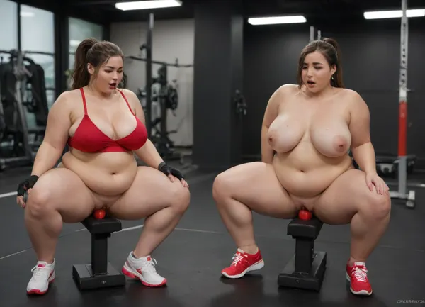 2 women, (sitting on exercise equipment, exposed breasts), riding red dildo, vaginal penetration, very busty, (chubby, bbw:1.6), full red lips, heavy makeup, brunette hair, ponytail hair, erect nipples, eyes closed, mouth open wide, moaning, red sports bra, fingerless gloves, red tennis shoes, (gym background, black floor, black walls, gym fitness equipment, several women in background), <lora:shirtpull_SDXL:2>