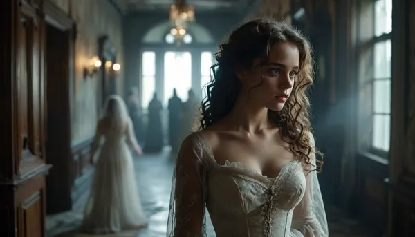 Long shot of the huge hallway of a dark and dilapidated mansion crowded with terrifying ghosts. In the center of the shot hovers the transparent ghost of a beautiful 23-year-old brunette from 1955 hovers in a shaft of silver moonlight, (transparent ghostly form:1.2), the camera focuses lovingly on her with sharp clarity on her gorgeous face and voluminous curls of hair and perfect transparent body, outside of the focus the rest of the ghosts wear clothes from a variety of time periods, key visual, intricate detail, highly detailed, breathtaking, vibrant, panoramic, cinematic, spooky, <lora:MJ52:1>