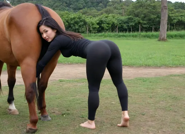 a thick 35 years old chinese woman with a thick waist wearing long black yoga pants, the woman's ass and horse's ass are aligned, arched back, bending over, legs apart, the woman has a thick ass, she is wearing all her clothes, the horse ass and the woman's ass are next to each other, she has a thick ass, she is wearing long pants, her legs are short, her pants are pulled up high she is fully dressed, she is bending over and showing off, she is looking at the camera, she has a very sexual stance, she is seducing, wide hips, thick butt, thick waist, black turtleneck sweater, long sleeves, long black yoga pants, black medium hair, the woman is thick, legs spread out, on a brazilian farm with a horse, natural B34 cup breasts, the ass of the horse is right next to the woman's ass, giving the impression they are both ready to be fucked, the woman has her hands on her ass