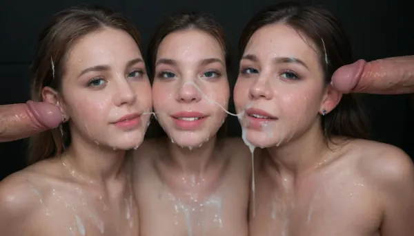 2 white women, sloppy french kissing, smiling, eyes open, (Cum details), realistic cum, Prominent cum, (white cum:2), cum on, (Cum flows:2), (cum on body:2), cum on head, (cum on face:2), ((body covered with semen)), black room, black background, face, Face covered in cum, (A lot of cum:2), 3+men, surrounded by dicks, bukkake, cum, <lora:JustCum:2>, <lora:cum_in_eye_deepmind:2>, <lora:MS_Real_XL_Bukkake:2>
