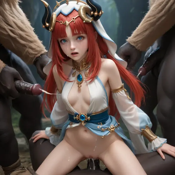 Genshin Impact Nilou, massively fucked by many hilichurls with their big hilichurl cocks in her pussy, double penetration, petite, small breasts, skinny, short, clothes, pain face, in a very dark cave, scared face, crying, xtreme cumshot, cum on face, cum on body, side view, lifted between two