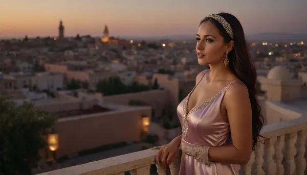 Photography of luxurious roof-top terrace of a rich house in Morocco, with a view over a garden and the town, during dusk. On the parapet sits a Moroccan woman wearing satin minidress and a small diadem.