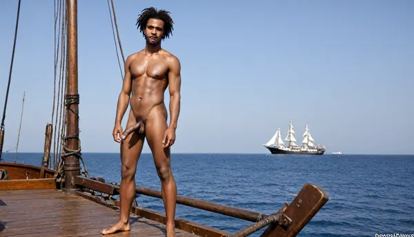 the upper deck of a sailing pirate ship, old guns, mainmast, Lots of naked black african pirates, Full body on display