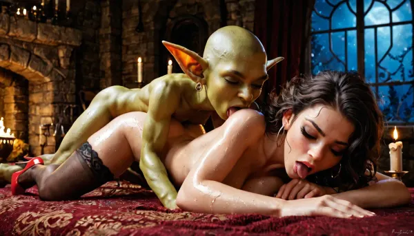 Jennifer, intention, night, candle, goblin, goblin fucks her from behind, on all fours, high heels, black stockings, naked, sweaty, plunging deep, licking, hugging, with eyes closed, rage, prone, sex, reaching out, lying on her back, licking her, bored, moaning, feeding breast