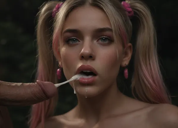Close up of tits, huge round tits, huge perky tits, huge firm tits, tits are covered in excessive cum, Juliet Starling, blonde pigtails with pink highlights at the ends, mouth open, oral creampie, outdoors at night, <lora:dark:.8>, <lora:SDXLHighDetail_v6-000005:.8>