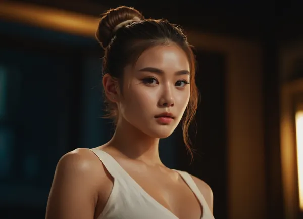masterpiece, 8k, ultra detailed, realistic body, realistic details, style k-pop, a beautiful girl, single, ((low), bun), flushed face