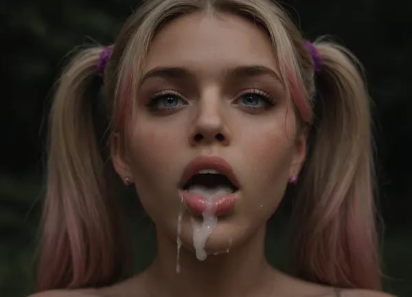 Close up of tits, huge round tits, huge perky tits, huge firm tits, tits are covered in excessive cum, Juliet Starling, blonde pigtails with pink highlights at the ends, mouth open, oral creampie, outdoors at night, <lora:dark:.8>, <lora:SDXLHighDetail_v6-000005:.8>
