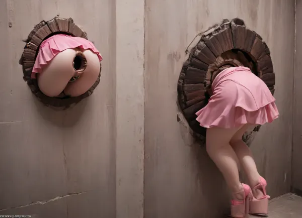 wall of glory in discotheque, (iron ring around hole in wall:1.1), protruding from ass of glory wall, (detailed facial skin), (detailed facial expression), (girl of 28 years, trapped in hole in wall), ((only lower body protrudes from wall, body was trapped in wall up to waist:1.2)), (pink platform high heels, pale skin, pink micro skirt:1.1), semen everywhere, semen on her legs and neck, raised legs chained to the wall, ((on the wall hangs a picture of the face of a woman of 28 year, short wavy brown hair, curly bobcut, smile)), (dark green cashmere pullover on photo:1.1), gaping pussy, spotlight on ass, lots of trash, lots of condoms, filthy graffiti, detailed background