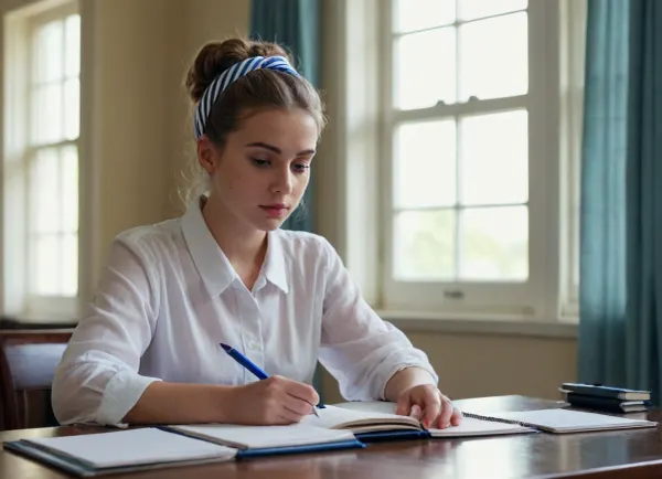 The image shows a young woman sitting at a table with an open notebook in front of her. She is wearing a very very wide opened white blouse, it is very transparent in light. it doesn't cover any bodyparts. she is with very small titts, (her left titt is falling out of her blouse. other titt is looking half outside.), and has her hair tied up in a bun with a black and white striped headband. The woman is holding a blue pen and appears to be writing in the notebook. The background is blurred, but it seems like she is in a room with a window and curtains. The overall mood of the image is focused and contemplative. natural skin of a 23 year old girl.