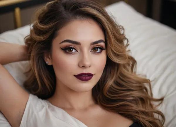 lightly smiling woman with a warm expression, golden eyes, (bold winged eyeliner), elegant ombre hair, laying on her side, (indirect lighting), eye contact, 8k, mouth open, very dark lipstick