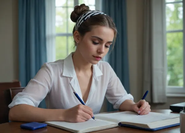 The image shows a young woman sitting at a table with an open notebook in front of her. She is wearing a very very wide opened white blouse and no bra under it., (her left titt is falling out of her blouse. other titt is looking half outside. you can see she like it to be exposed. she bite her lips. like a horny younger girl with getting her first expressions and discovering the anatomy of the other sex), .she opened more her blouse. and has her hair tied up in a bun with a black and white striped headband. The woman is holding a blue pen and appears to be writing in the notebook. The background is blurred, but it seems like she is in a room with a window and curtains. The overall mood of the image is focused and contemplative.