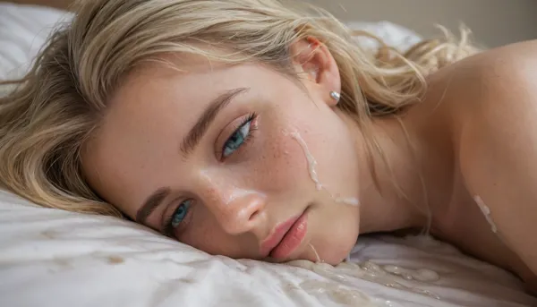 close-up on head of cute blonde girl, (freckles), laying on bed after having been used intensely, laying on her side, facing viewer, tired and sad, crying, ruined makeup, ((cum splashed on the side of her face:1.5)), excessive amount of cum, warm light, beautiful morning, millyalcock, rha3, woman, long, white, hair, blonde, targaryan, <lora:Milly-Alcock-SDXL-v2-000032:1.7>, <lora:rhaenyra young - rha3 woman sdxl:2>
