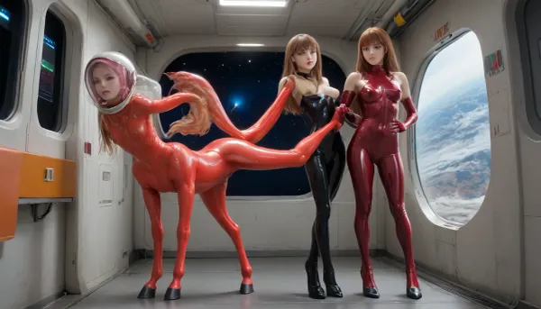 2girls, 2girl, (((very small petite young skinny thin girl))), spaceship cabin, little ring porthole, red planet on porthole, long hair, sexy revealing latex spacesuit, neon spacesuit, natural boobs, show boobs, no panties, helmet, open legs, (pussy window in suit), naked pussy, propotional legs, (((latex, skin, tight, space, helmet, astronaut, full, body))), bangs, blue, eyes, blunt, bodysuit, slime alien monster in vagina, breasts, covered, navel, nipples, fishnet, gloves, legwear, fishnets, impossible, clothes, large, long, hair, net, ninja, pink, (((random))), taimanin, suit, very, (((Koukawa Asuka, (Taimanin), , :.5))), female centaur, realistic, from behind, equine pussy, equine anus, seductive, bedroom eyes, in heat, hooves, looking over shoulder, <lora:centaurx-000012:2>, <lora:259755_training_data:2>
