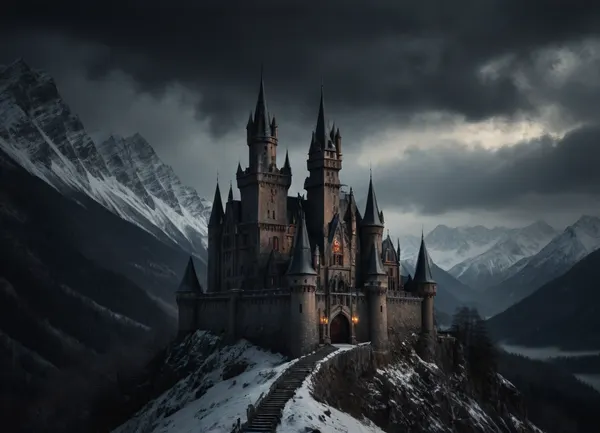 mountains, fantasy, gothic vampires castle, winter, storm, outdoors, photography