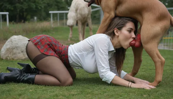 masterpiece, full color image, 8K quality, lawn, beauty 25 years old, busty, hourglass figure, gorgeous large breasts, rounded ass, perfect eyes, pantyhose, plaid skirt, very high platform boots, on side, (deepthroat by dog:1.2), (red knotted veins dick), kennel, side view
