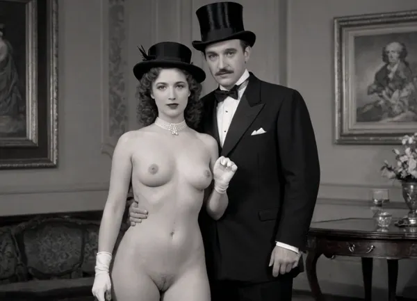 A vintage black and white portrait featuring, (a man in a formal suit and top hat:1.5), (standing with a cane:1.3), . A beautiful curvy woman is sitting on a chair next to him, (a woman full nude:1.5), shaved pussy, plump slightly saggy breasts, adorned with floral accessories in her hair, leans against the table. The table holds a few flowers, and the overall atmosphere is one of elegance and nostalgia, resembling a scene from the early 20th century. The background is softly blurred, enhancing the focus on the couple's poses and attire.