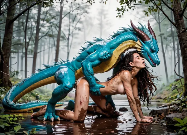 In a foggy forest, Side view, full female body view, beautiful petite latina, very long messy hair, scratches, muddy, wounded, (She is getting fucked in standing doggy by one dragon:1.3), (very large dragon:1.5), on her toes, one lifted knee, slender body, closed eyes, moaning, blush, ((medium natural breasts)), very sweaty, (huge creampie), <lora:add-detail-xl:.5>, <lora:sunnyrayyxo_v1_SDXLBase:.3>, <lora:885759_training_data:.8>, <lora:Fantasy_Monsters_XL:.8>