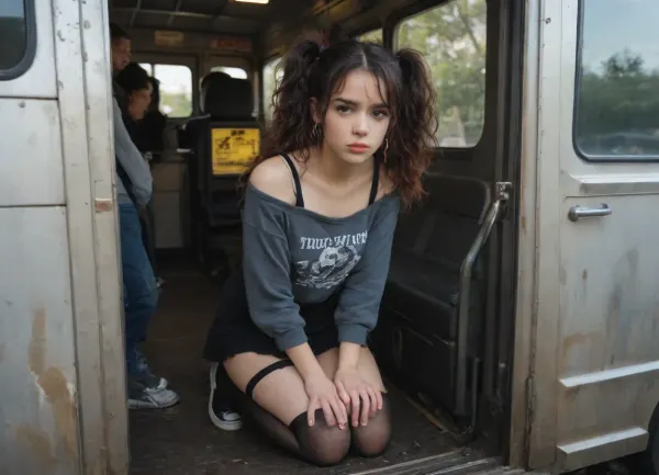 Cute girl kneeling in a dirty subway car *high quality*, *stockings*, *cosmetics*, *pigtails*, *dirt*, *garbage*, *emo*, *anime*, *tumblr*, *thrash*, *beer and cigarette*