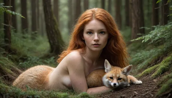 A young woman with long, flowing red hair and freckles gazes intensely at the viewer. She is in a dimly lit forest surrounded by trees, with soft, ethereal light filtering through the foliage. The woman full naked and she has a serene expression, (Nestled against her shoulder is a small, sleeping fennec fox:1.5), adding a whimsical touch to the composition. The background features blurred, dark green hues and hints of magical sparkles in the air, creating a mystical atmosphere. She is surrounded on all sides by big and small foxes. fr4z3tt4, ais-darkpartz, <lora:fr4z3tt4:.8>, <lora:Dark_Particles_Style_SDXL:.5>