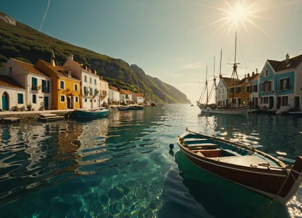 fantasy, A Wasterland white town on the sea, ((sun day)), boat, outdoors, photography