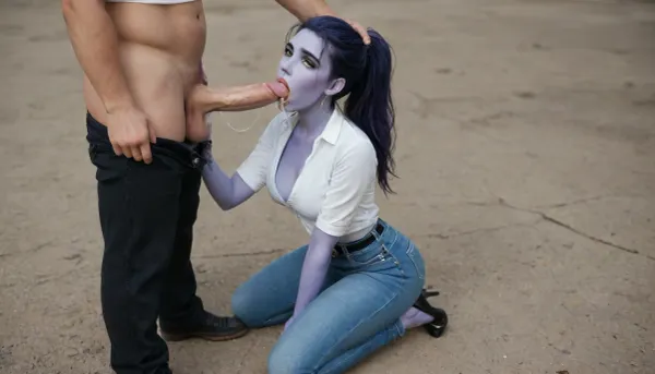 (widowmaker, blue skin), kneeling, facing the viewer, conservative clothing, blue jeans, white shirt, skinny jeans, wide belt at the waist, narrow waist belt, smooth pants, tight pants, long pants, high heels, ass to the viewer, tight clothing, tight skin, deep slit on the ass, cleavage, man, massive flaccid penis oozing copious amounts of cum, lots of cum on the penis, massive penis, thick penis, ex, plump huge balls, a woman sucks and swallows a cock down to the balls, gagging until she vomits on a cock, drool running down her balls, a woman swallows a penis with a big wet tongue, a man grabs her by the head of the penis and puts his cock in her mouth, a man shoves his cock deep down a woman's throat, bumps on her throat, (huge cumshot, cum in mouth)