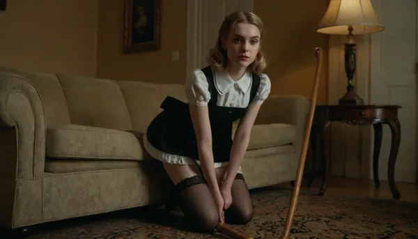 photography of a young woman, petite built, dark-blonde hair, pale skin, small breasts, wearing a short maid uniform, stockings, black highheels, bending over a sofa, looking at viewer, next to her lies a carpet beater.