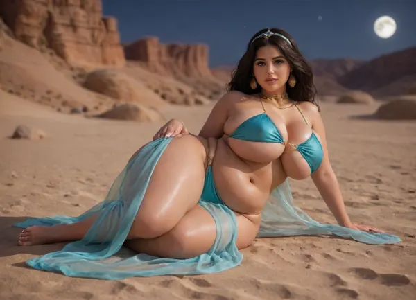 Voluptuous Curvy plus size Disney princess Jasmine, transparent belly dancer outfit, golden choker, laying on sand, desert, night, moon, big breast, very fat, chest, gigantic hips, massive wide thick fat thighs, massive fat lovehandls, wide arch, massiv thick proportions, plump, big fat belly, female, arms, extra thick, huge, ass, breasts, big, hips, narrow, waist, igbebe, <lora:Venus_Body_Alpha:1.2>, <lora:BodyLicious:1.1>, <lora:IG_Babe:.8>