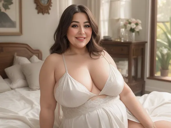 high-quality, realistic, and intricately detailed portrait of a Armenian, fat, bbw, mature gilf in her 60s, depicted in an intimate setting while sitting in a bed. She is looking directly into the camera with an undeniably joyful and open expression.
Her hair is a sophisticated blend of rich chestnut brown generously interspersed with distinct streaks of silvery-gray. It's styled softly, framing her face in a way that suggests natural growth rather than rigid styling, beautifully highlighting her age with elegance and grace. Her most captivating feature might be her eyes, which are a striking and vivid blue-green. They sparkle with an authentic warmth and vitality, deeply engaging the viewer and conveying a profound sense of life experience and genuine happiness.
The centerpiece of her face is her wide, open-mouthed smile. This smile is expansive, revealing a full and healthy set of teeth, and accentuating her naturally full, well-defined lips. The very act of her smiling creates visible, soft crinkles at the corners of her eyes and subtly around her mouth, which are not indicative of distress but rather of a life filled with laughter and joy. Her skin, while exhibiting the natural textures and very fine lines associated with aging, appears remarkably healthy, luminous, and soft, indicating good care. There's a noticeable fullness to her cheeks and jawline, contributing to her "chubby" or "fat" build, which adds to her approachable and comfortable appearance.
She is clad in a low-cut, shimmering silk camisole, which appears to be a light, possibly ivory or pale pastel, color. The fabric itself is highly detailed, showing the soft sheen and elegant drape characteristic of silk. This garment boldly showcases her ample and visibly saggy breasts, which are a prominent feature of her upper body. The natural effect of gravity on mature, large breasts is clearly depicted, contributing to the realism and celebration of her body's natural state. The camisole gracefully conforms to her fuller, more rounded torso and shoulders, emphasizing her fat physique in a comfortable and unposed manner.
The intimate setting places her sitting upright in a bed. The bed linens are simple, appearing to be soft white or a very light, neutral color, which provides a clean and uncluttered backdrop that highlights her vibrant presence. The lighting is exquisitely soft, natural, and diffused, likely originating from a large window or a similar soft light source. This illumination gently wraps around her, accentuating the contours of her face and body without creating harsh shadows, and imparting a warm, inviting glow to her skin and the silk fabric. The background is subtly blurred, maintaining a shallow depth of field that ensures the viewer's entire focus remains intently on the woman and her expressive features. The overall impression is one of profound comfort, genuine happiness, and confident self-acceptance., <lora:age_slider_v20:.8>, <lora:weight_slider_v2:.8>