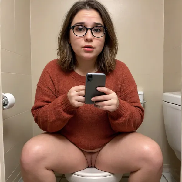 A chubby, 30 year old nerdy looking woman taking a mirror selfie while sitting on the toilet with no makeup, sweaty, messy brown hair, acne, glasses, big nose, wearing a sweater. Full body photo, Bad lighting, bad angle, gross, saggy, unflattering, greasy, natural, ass, ass cheeks, thighs, bottomless iphone, <lora:1122530_training_data:.8>