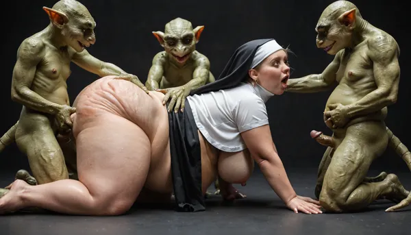 gang gremlin monster, grabbing nipples, extremely realistic, (monster gremlin:1.3), groping body, (gremlin half size:1.3), beautiful, tall, 40 years old, fat, obese, fat rolls, celulite, stretch marks, chubby round face with double chin, fattened bbw catholic nun, surrounded by angry, evil goblins with small cocks, moaning expression, open shirt, she has beautiful face, grab her tits, grab her fat, sagging belly, grab her fat ass, squeeze boobs
side view-on all fours