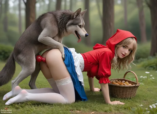 based on Charles Perrault's fairy tale "Little Red Riding Hood", a very beautiful franch girl, innocent cute 18 years old blonde, golden square hairstyle, slutty smile, red hood, blue eyes, white stockings, narrow butt hips, a glance to the side, open mouth, beautiful blue gown, (she is on all fours and a big gray wolf is fucking her from behind in a doggystyle on a green lawn among the trees, there is a basket of pies nearby), (the large wolf's tongue is sticking out), (hem of her dress lifted, white stockings are visible), (red knotted veins dick in vagina), wolf, side view, victorian, fcNeg
lora, detailed_notrigger, .7>, <lora:260797_training_data:.8>, <lora:MJ52:.8>, <lora:681678_training_data:.8>, <lora:708827_training_data:1.3>
