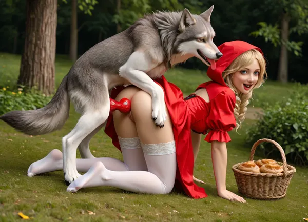 based on Charles Perrault's fairy tale "Little Red Riding Hood", a very beautiful franch girl, innocent cute 18 years old blonde, golden square hairstyle, slutty smile, red hood, blue eyes, white stockings, narrow butt hips, a glance to the side, open mouth, beautiful blue gown, (she is on all fours and a big gray wolf is fucking her from behind in a doggystyle on a green lawn among the trees, there is a basket of pies nearby), (the wolf's tongue is sticking out), (hem of her dress lifted, white stockings are visible), (red knotted veins dick in vagina), wolf, side view, victorian, fcNeg
lora, detailed_notrigger, .7>, <lora:260797_training_data:.8>, <lora:MJ52:.8>, <lora:681678_training_data:.8>, <lora:708827_training_data:1.3>