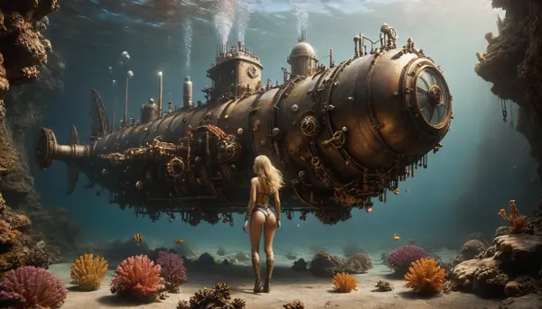 a slim, flat-chested blonde pearl diver dives over colorful corals against the backdrop of a long shot of her huge steampunk submarine in fare distance, wearing steampunk diving gear, floating blonde hair, bubbles, fishes, corals, background, xs-4d-space, ocean, giant squids, fantasy, steampunk pirates submarine, under the sea, outdoors, photography, steampunknoireai, mad-mecharm, underwater, grotto, cave, sandy, sea, floor, reef, <lora:xs_4d:.6>, <lora:SteamPunkNoireAIp:.4>, <lora:Gearbound_Mechanical_Arm_SDXL:.3>, <lora:MJ52:.8>, <lora:Underwater_Environment_v01-000002:1.3>