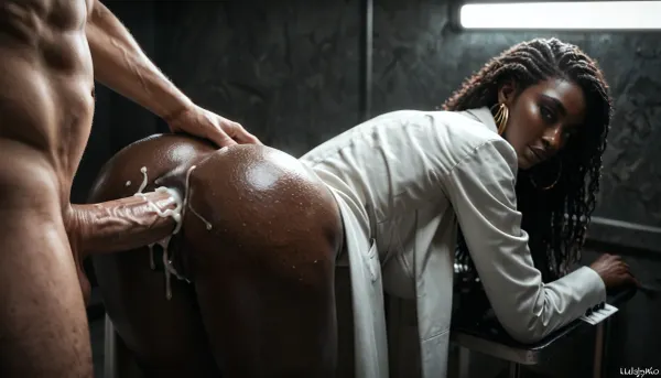 Rating_explicit, ethereal fantasy photography, (score_9, score_8_up, sharp focus, masterpiece, perfect eyes), high resolution, perfect limbs, anatomically accurate, Super realistic, perfect lighting, (best shadow), 8K, UHD, clear image, (best lighting), highest quality, ultra-detailed images, African, Incredibly beautiful girl naked, Black hair, long hair, realistic African face, (African girl Naked), cute face, grey eyes, skinny, ((dark skin)), ((glossy skin)), (huge natural breasts), big waist, (Shapely body), wide hips, perfect skin, perfect face, seductive pose, (her face and expression showing a mix of submission and ecstasy and exhaustion), slight eye roll, big round athletic ass, half open eyes, luscious sensual lips, natural beauty, eternal beauty, (old male dentist dressed in labcoat), (massive cock), (old male dentist anal fucks young woman), (man hands grabbing anus, spreading anus), (creampie), (anal sex), (anal penetration), spreading legs from side, from above, wide-shot, ​ Moody, mysterious, magical, shallow depth of field, Shot from Stanley Kubrick movie, shot on Kodak film, <lora:reallora1:.5>, <lora:Oxygen girl_SDXL1.0:.5>, <lora:dark:.5>