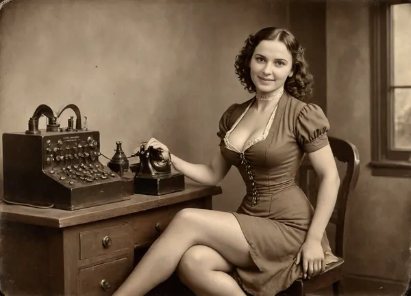 slim body woman, Beautiful telephone operator in the late 1800s is working at a switch station, cleavage is showing, walls are full with telephone switches, sits on the desk, uncrossed legs, feet on the desk, perfect face, perfect eyes, she has a happy face, barnumatelier, portrait, art, fullbody, torso, perfect legs, sepia, victorian, dress, Albumen, Print, page, <lora:old_world:.5>, <lora:BarnumAtelier-SDXLa:.9>, <lora:Omnia_Daily_Life-000005:.8>, <lora:victorian_dress-XL-2.0:.5>
