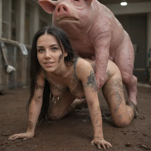 Cinematic still, UHD 8K, extreme realism, maximum detail, image of a woman and a huge pig like monster, in a muddy and dirty pigsty, with a huge fat cock, zoophilia, woman staring at the camera, smiling with lust, (pigsty:1.5), (muddy ground:1.5), (monster resembling a pig fucking the woman in the ass:1.5), (40 yo woman in a pigsty on all fours:1.5), (very long black hair:1.6), (tattoos:1.5), (nipple rings:1.5), (very dirty skin:1.5), dirty with mud, perfect legs, perfect anatomy, (perfect long legs), perfect fingers