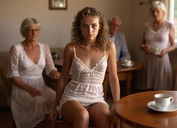 deeply tanned 21 yo woman with very long curly dark blonde hair wearing tight translucent deeply unbuttoned extremely short laced white mini dress, sitting with slipped up dress and exposed naked pussy in upright position on an armchair in a living room, ((21yo woman exposing her tanned naked shaved pussy beneath her slipped up extremely short white laced mini dress)), slipped up tight translucent deeply unbuttoned extremely short white laced mini dress, pantieless, naked shaved pussy, clitoris, tanned, firm round medium breasts, narrow waist, very deep suntan, view from opposite, (((group of clothed elderly people in formal clothes drinking coffee at table behind woman in blurred background:1.5))), exposed naked pussy, shaved pussy, upskirt, vagina, out, shot, front, clothes, braless, Wearing, that, make, sense, with, Braless>, <lora:MJ52:.6>, <lora:DetailedEyes_V3:.6>, <lora:upskirt:.6>, <lora:bralessSDXL_v1_00022:.6>