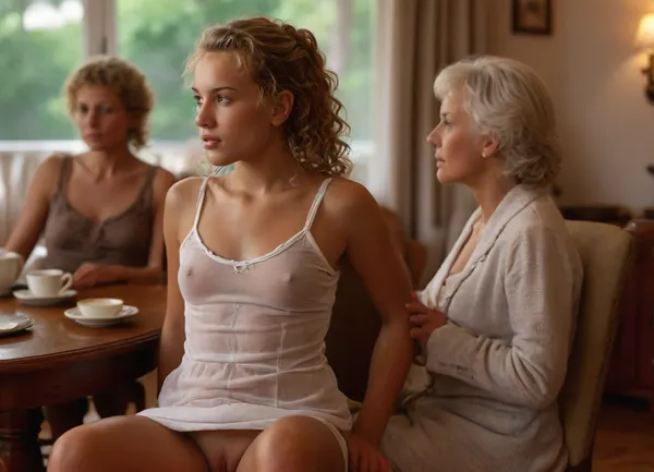 front view of deeply tanned 18 years old girl with very long curly blonde pony tail wearing tight translucent unbuttoned extremely short white mini dress sitting in upright position on an armchair in a living room, ((girl exposing her tanned naked shaved pussy beneath her white mini dress)), tight translucent unbuttoned extremely short white mini dress, pantieless, naked shaved pussy, clitoris, firm medium breasts, very deep suntan, view from opposite, focus on girl, (((group of clothed elderly people in formal clothes drinking coffee at table behind girl in blurred background:1.5))), upskirt, vagina, out, shot, front, clothes, braless, Wearing, that, make, sense, with, Braless>, <lora:MJ52:.6>, <lora:DetailedEyes_V3:.6>, <lora:upskirt:.4>, <lora:bralessSDXL_v1_00022:.4>