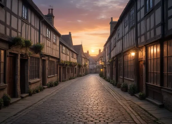 sunrise in medieval english town street