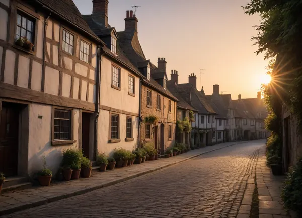 sunrise in medieval english town street