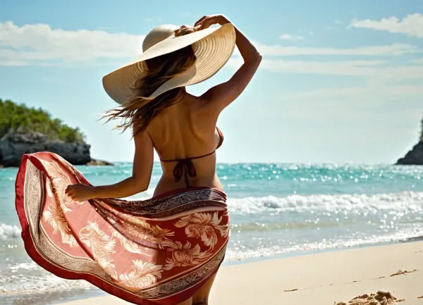 secluded beach woman wearing sarong and over sized summer hat, ((back to viewer)), windy day, holding hat on to head