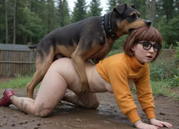 ((((image of gorgeous chubby young woman like velma dinkley, (small breasts:1.9), velma dinkley, outside in mud on all fours getting fucked by a dogs, (dogs fucking woman), ((dogs mounting woman)), big dogs, woman under dogs)))), sad face, dogs cock in ass, knotted, knotted cock, canine cock, massive cum shot, ((shocked)), crying, ((red marks on back, red marks on shoulders, red marks on ass)), (red marks:1.4), cumloads, imposibble penetration, (skinny:1.1), full body shot, (thick white cum:1.5), (dynamic view), (dynamic angle), looking at viewer, <lora:SDXLHighDetail_v6-000005:1.2>, <lora:CineHelperXL_the_medium_shot:2>, <lora:Picture_enhancer:.7>, <lora:ahxl_v1:2>, <lora:German_Pointer_XL:1.3>
