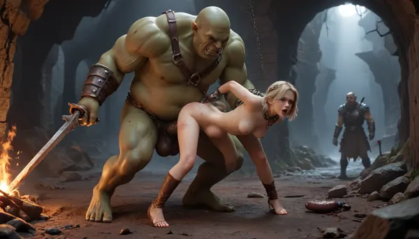 orc man fucking a girl like a cock sleeve, onarmor, meat shield, medium breasts, chain, size difference, bound, dark dungeon, underground cave, rape, raped, uncomfortable, cock sleeve, stomach bulge, bulge, crying, screeaming, unwanted, salve, sex salve, sex toy, sex torture, orc man standing with the girl strapped to the orc while being deeply penetrated, bruised, blood, terror, <lora:onarmor_xl:1>