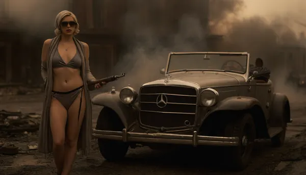 (warm ambient light:.5), (Full body view), Blonde slender flat-chested woman in 1950 after car accident with street sign, damaged and burning Mercedes-Benz W 136 built in 1945, she wears grey lingerie and a headscarf and large dark sunglasses, holds a submachine gun in her hands, (Thompson 1928 Chicago Typewriter Mafia-MG:1.7), sharp focus on woman, extremely blurred Mercedes background with fire and smoke, blurred due to the shallow depth of field, (smoke Mercedes:1.8), extremely much smoke comes out of the destroyed hood, cloudy, smoke, atmospheric, clouds, fog, <lora:sunlight_str1-SDXL_v1-dim64-steps1691:1>, <lora:MJ52:.5>, <lora:Cloudy_Style:1.6>