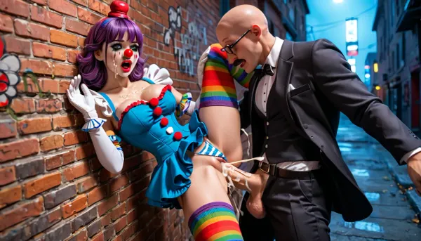 (1 male and 1 female only), (Female, sexy clown woman, clown makeup, white makeup, full face makeup, mascara running, female red clown nose, silly, excessively beautiful, dressed like hooker, fully clothed, purple wig, tiny hat., (opaque, striped, rainbow stockings), bimbo, thick lips, small waist, large breast, perfect butt, perfect tits, perfect nipples, perfect pussy, wet pussy, goddess body, blue corset, small ruffles blouse, tiny blue skirt, white gloves), pushed against wall, forced against wall, face to wall, fucked from behind, standing, vaginal sex, massive cock, fat cock, open mouth, cum covering face, excessive amounts of cum on face, (cum:1.6), cum covering tits, excessive cum on tits, panties pulled to side, breasts out of corset, spread legs, horny, ecstacy, (male, circus strongman, bodybuilder, giant, (giant:1.6), bald, thick mustache, normal nose, suit), dirty alleyway, filthy alleyway, brick wall, graffiti, night, midnight