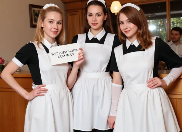 Three petite young women, wearing maid uniforms, different haircolors, standing at a hotel reception.
They hold a sign with text "WET PUSSY HOTEL, CUM IN US".