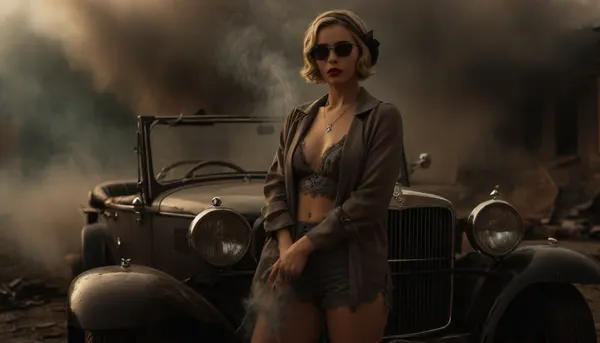 (warm ambient light:.5), (Full body view), Blonde, slender flat-chested solo woman in 1950 shooting with machine gun in front of backdrop of a damaged and burning Mercedes, (Mercedes-Benz W 136 built in 1945), she wears grey lingerie and a headscarf and large dark sunglasses, holds a submachine gun in her hands, (Thompson 1928 Chicago Typewriter Mafia-MG:1.7), sharp focus on woman, extremely blurred Mercedes background with fire and smoke, blurred due to the shallow depth of field, (smoke Mercedes:1.8), extremely much smoke comes out of the destroyed hood, cloudy, smoke, atmospheric, clouds, fog, <lora:sunlight_str1-SDXL_v1-dim64-steps1691:.8>, <lora:MJ52:.4>, <lora:Cloudy_Style:1.7>, <lora:420880_training_data:.7>, <lora:Hell_Constantine_2005_-_Anime:.8>