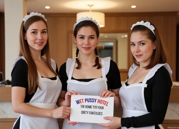 Three petite young women, wearing maid uniforms, different haircolors, standing at a hotel reception.
They hold a sign with text "WET PUSSY HOTEL, THE HOME OF YOUR DIRTY FANTASIES".